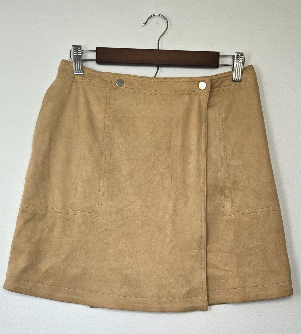 Lulus Let’s Wrap It Up Tan Suede Wrap Mini Skirt Womens Size Medium